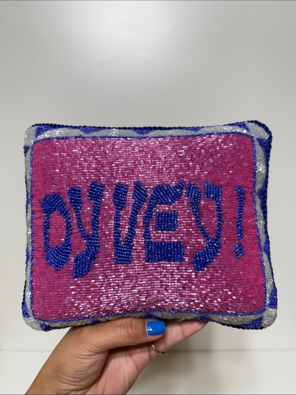 Sudha Pennathur Sequin Pink and Blue 'Oy Vey!' Decorative Beaded Pillow 8x10